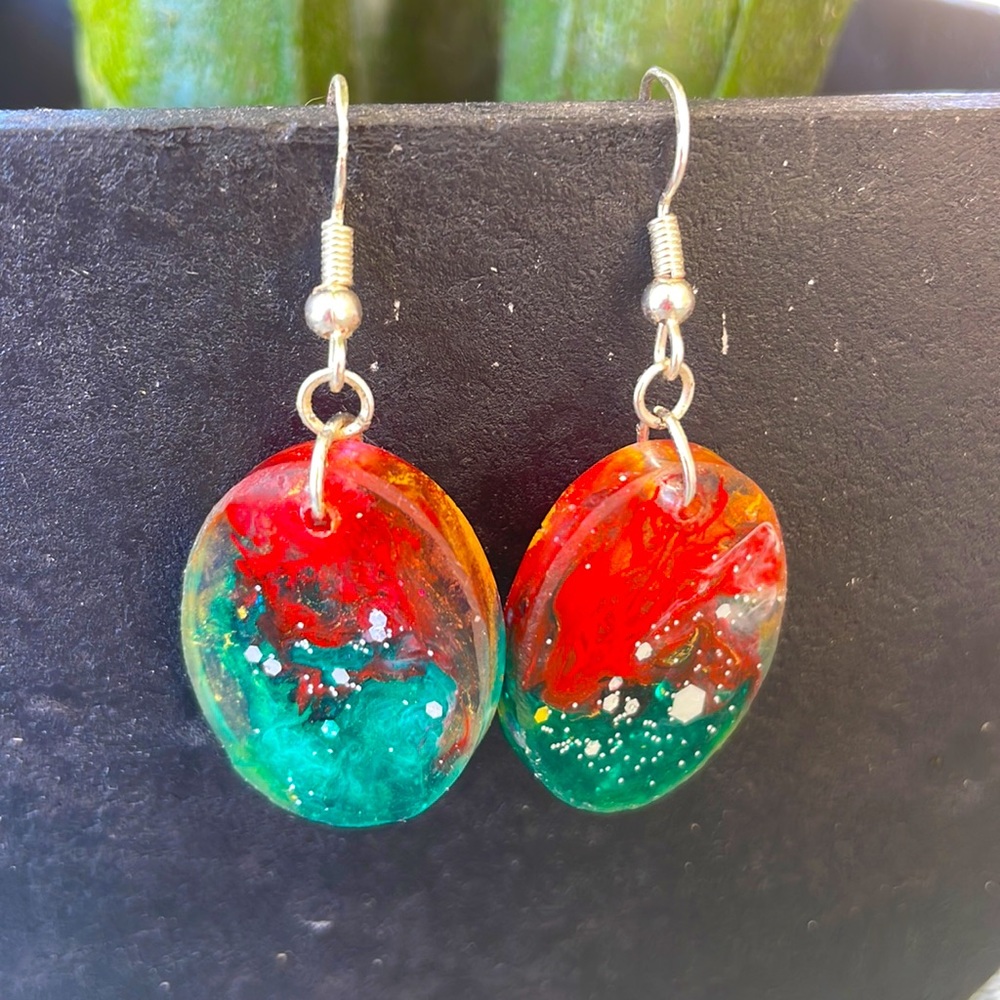 Handmade Festive Small Holiday Vibes Earrings Green and Red Oval
